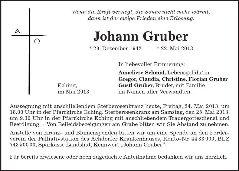 Traueranzeige Johann Gruber