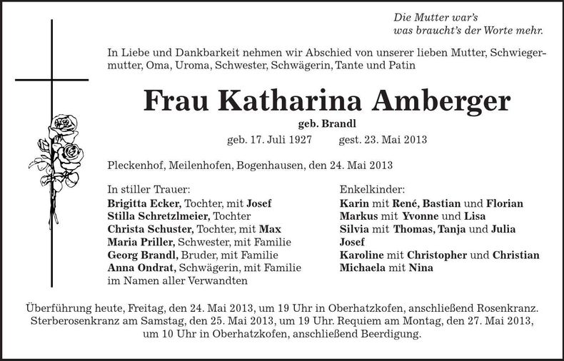 Traueranzeige Katharina Amberger