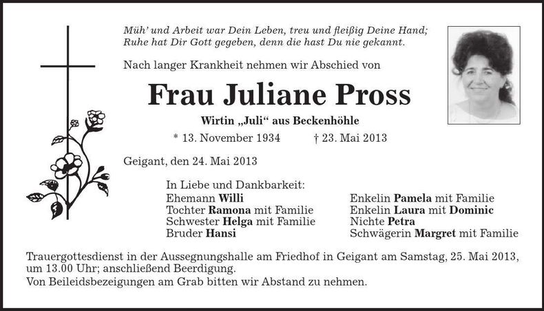 Traueranzeige Juliane Pross