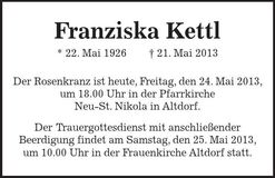 Traueranzeige Franziska Kettl