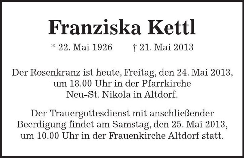 Traueranzeige Franziska Kettl