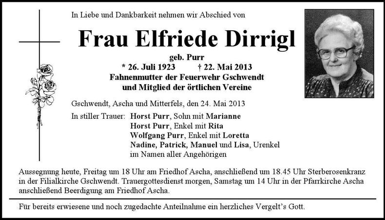 Traueranzeige Elfriede Dirrigl