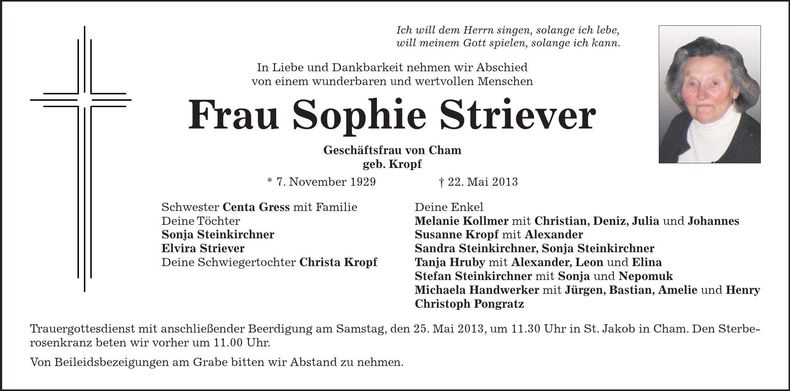 Traueranzeige Sophie Striever
