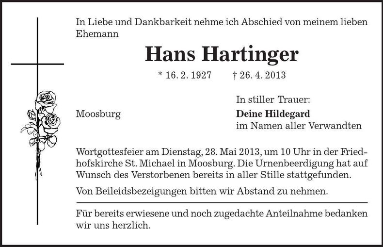 Traueranzeige Hans Hartinger