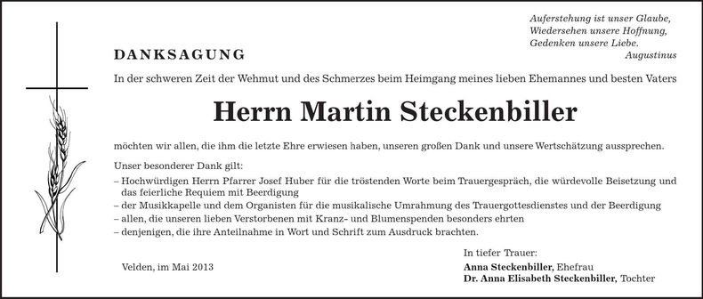 Traueranzeige Martin Steckenbiller