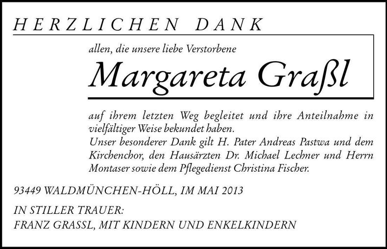 Traueranzeige Margareta Graßl