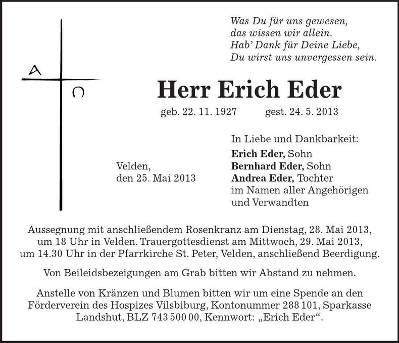 Traueranzeige Erich Eder