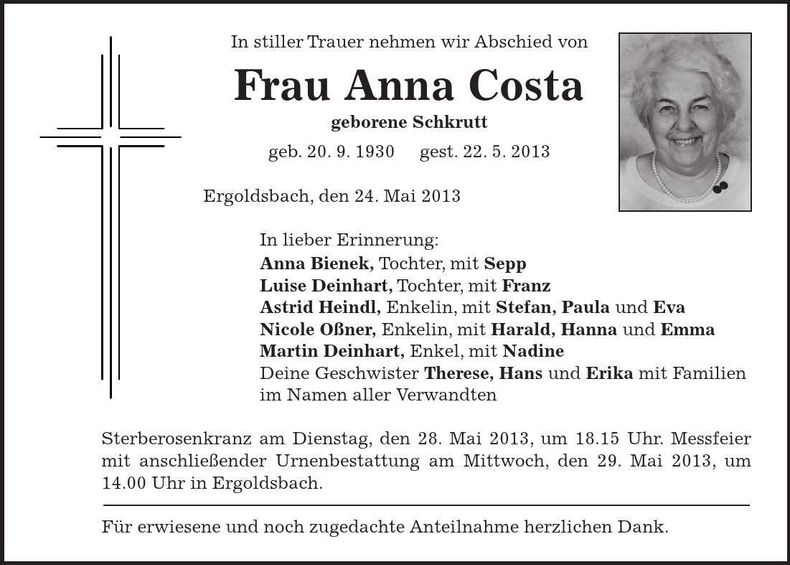 Traueranzeige Anna Costa