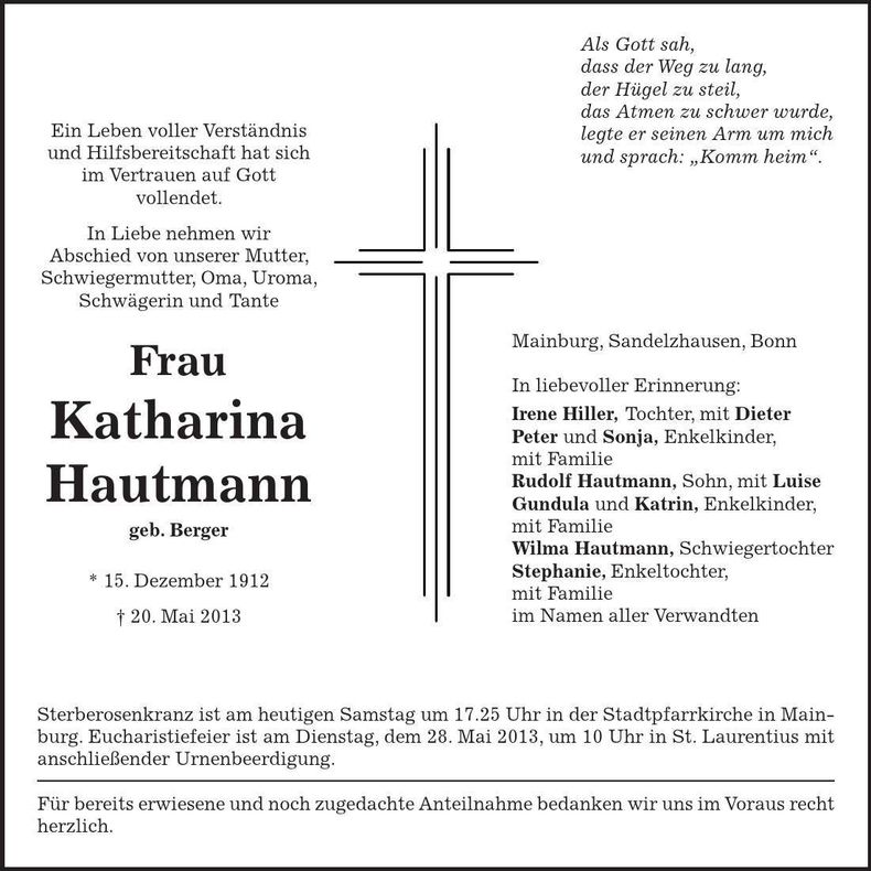 Traueranzeige Katharina Hautmann