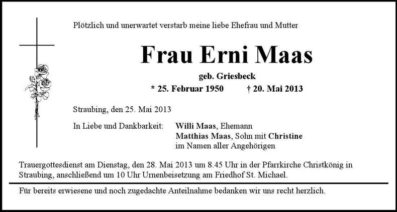 Traueranzeige Erni Maas