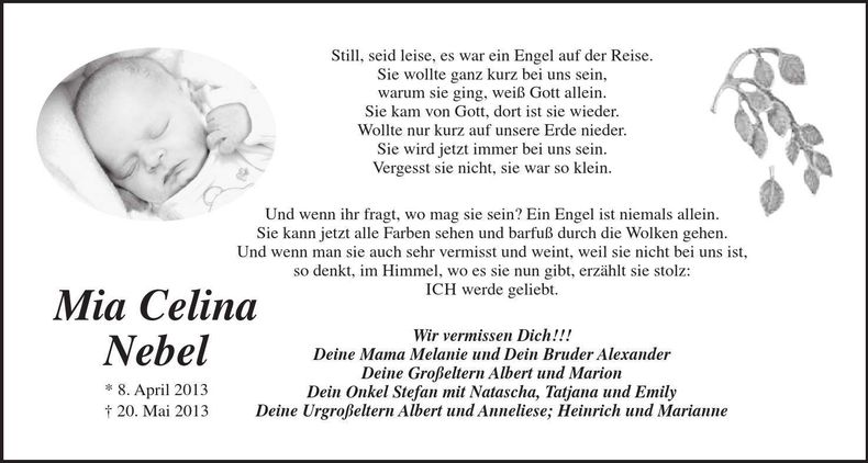 Traueranzeige Mia Celina Nebel