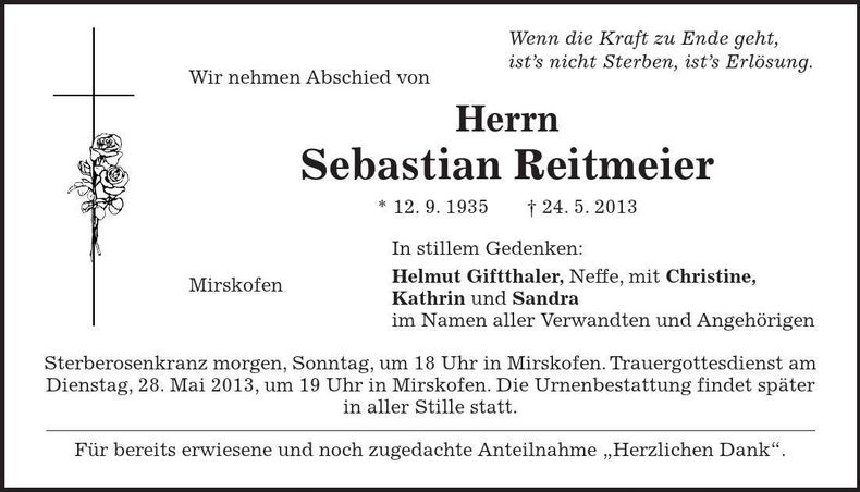 Traueranzeige Sebastian Reitmeier