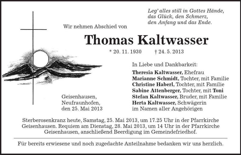 Traueranzeige Thomas Kaltwasser