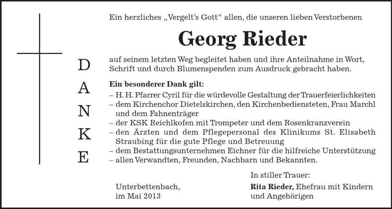 Traueranzeige Georg Rieder