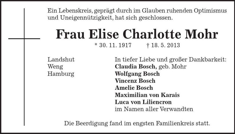 Traueranzeige Elise Charlotte Mohr