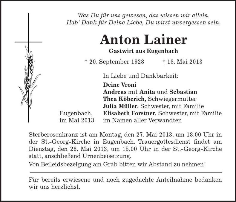 Traueranzeige Anton Lainer