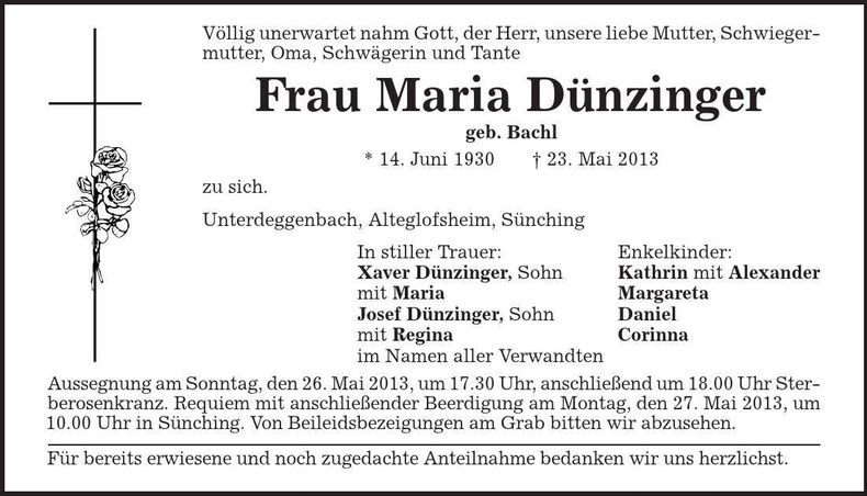 Traueranzeige Maria Dünzinger