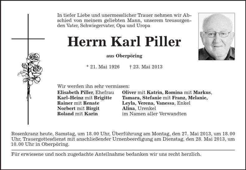 Traueranzeige Karl Piller