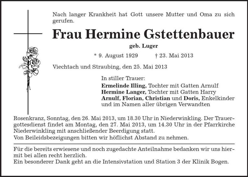 Traueranzeige Hermine Gstettenbauer