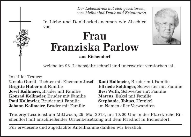 Traueranzeige Franziska Parlow