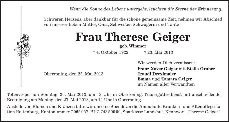 Traueranzeige Theresa Geiger