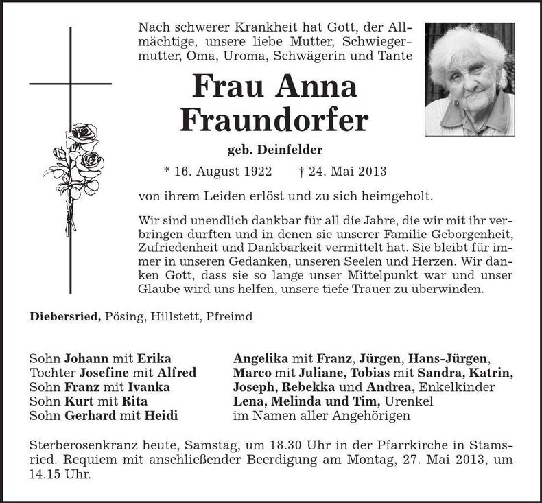 Traueranzeige Anna Fraundorfer