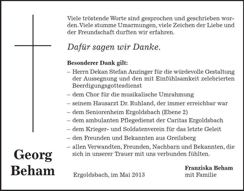 Traueranzeige Georg Beham
