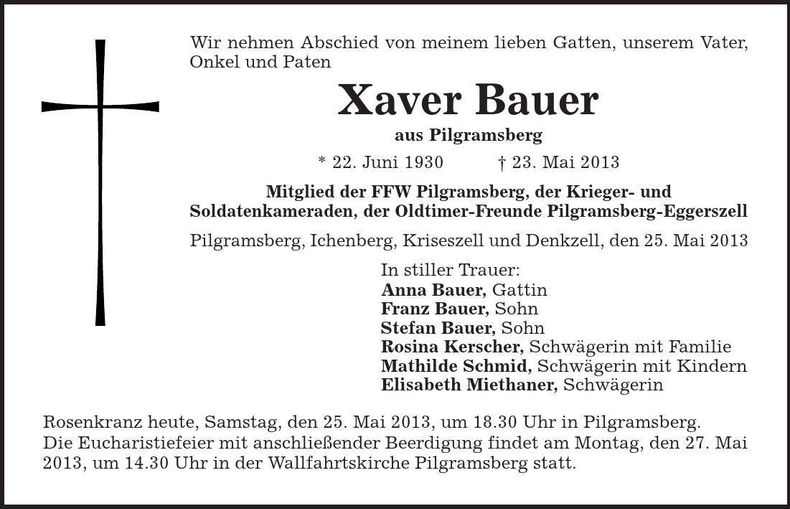 Traueranzeige Xaver Bauer