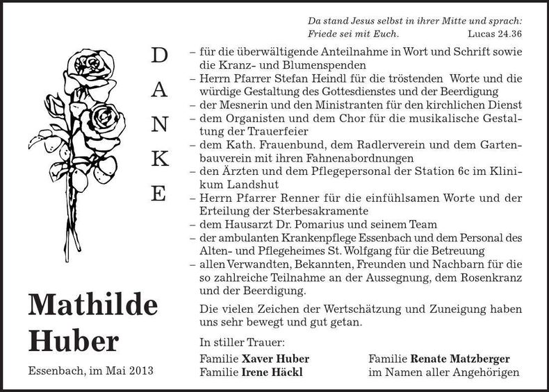 Traueranzeige Mathilde Huber