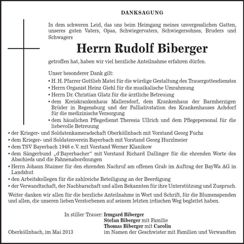 Traueranzeige Rudolf Biberger