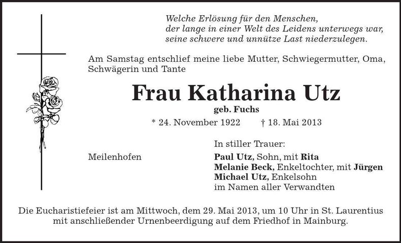 Traueranzeige Katharina Utz