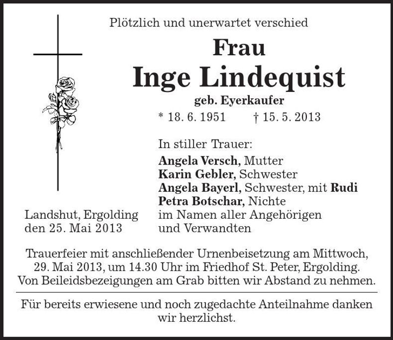 Traueranzeige Inge Lindequist