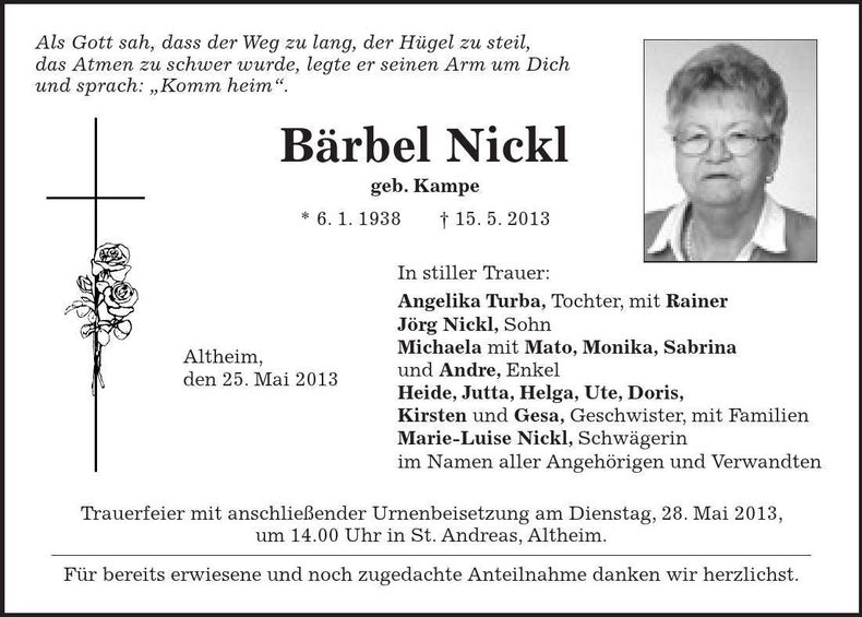 Traueranzeige Bärbel Nickl
