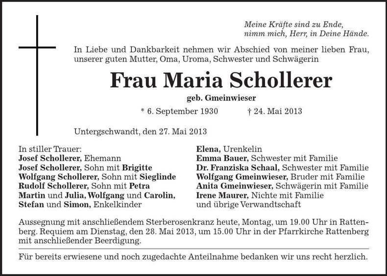 Traueranzeige Maria Schollerer