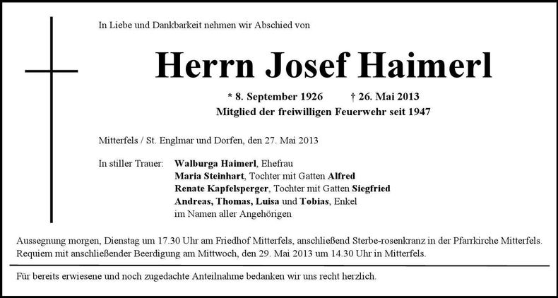 Traueranzeige Josef Haimerl