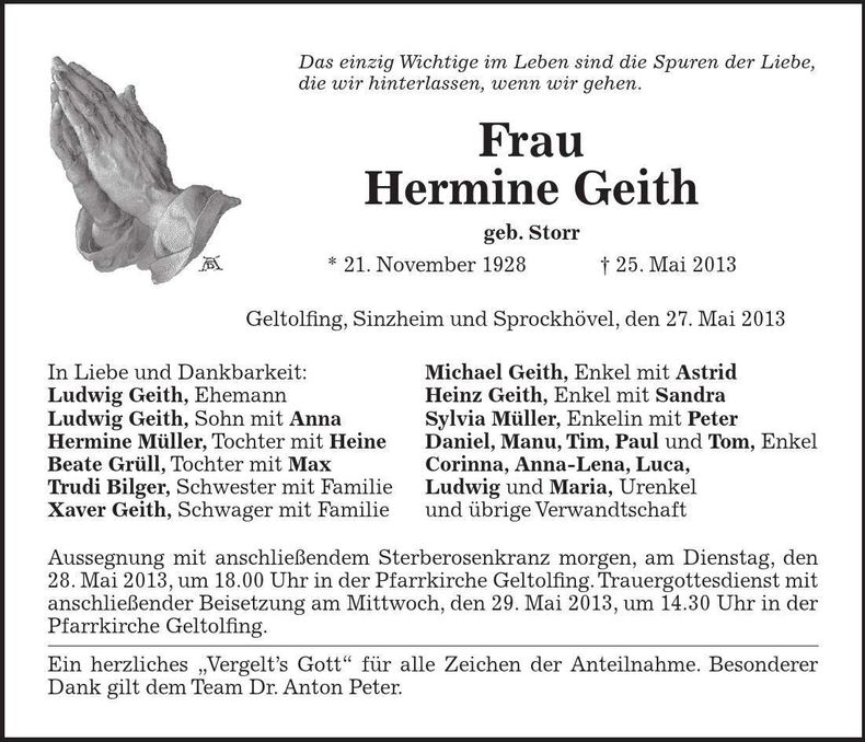 Traueranzeige Hermine Geith