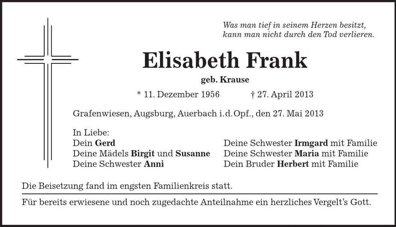 Traueranzeige Elisabeth Frank