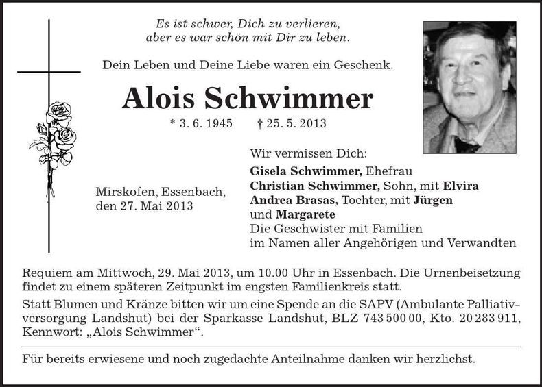 Traueranzeige Alois Schwimmer