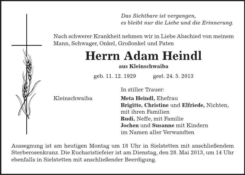 Traueranzeige Adam Heindl