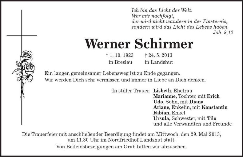 Traueranzeige Werner Schirmer