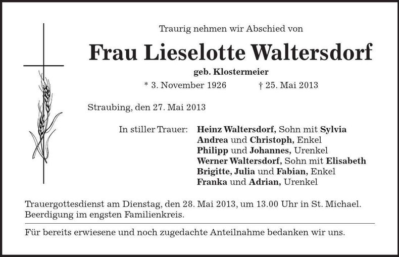 Traueranzeige Lieselotte Waltersdorf