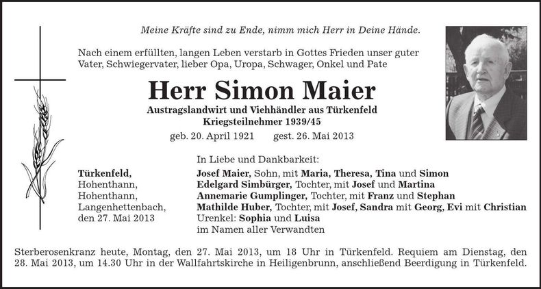 Traueranzeige Simon Maier