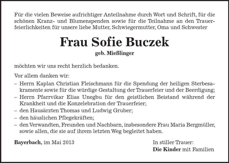 Traueranzeige Sofie Buczek