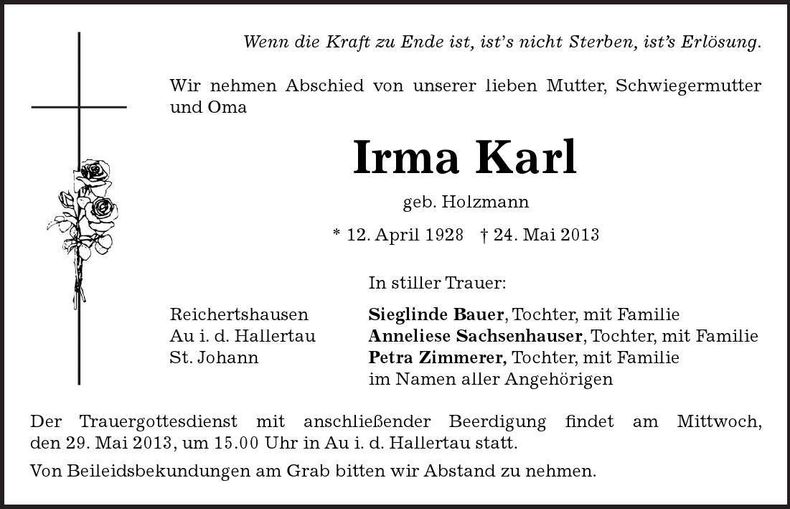Traueranzeige Irma Karl