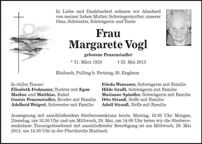 Traueranzeige Margarete Vogl