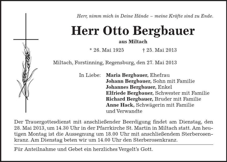 Traueranzeige Otto Bergbauer