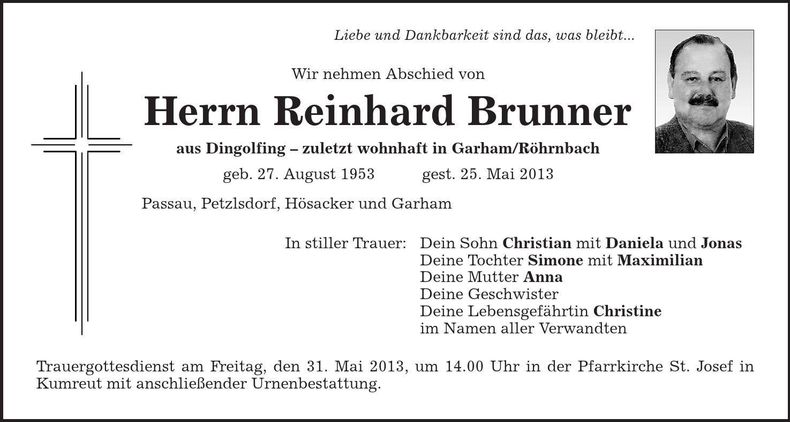 Traueranzeige Reinhard Brunner