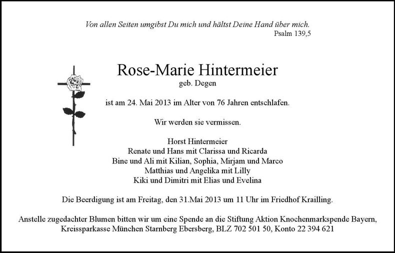 Traueranzeige Rose-Marie Hintermeier