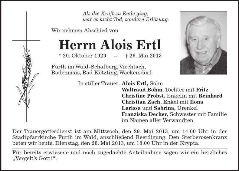 Traueranzeige Alois Ertl