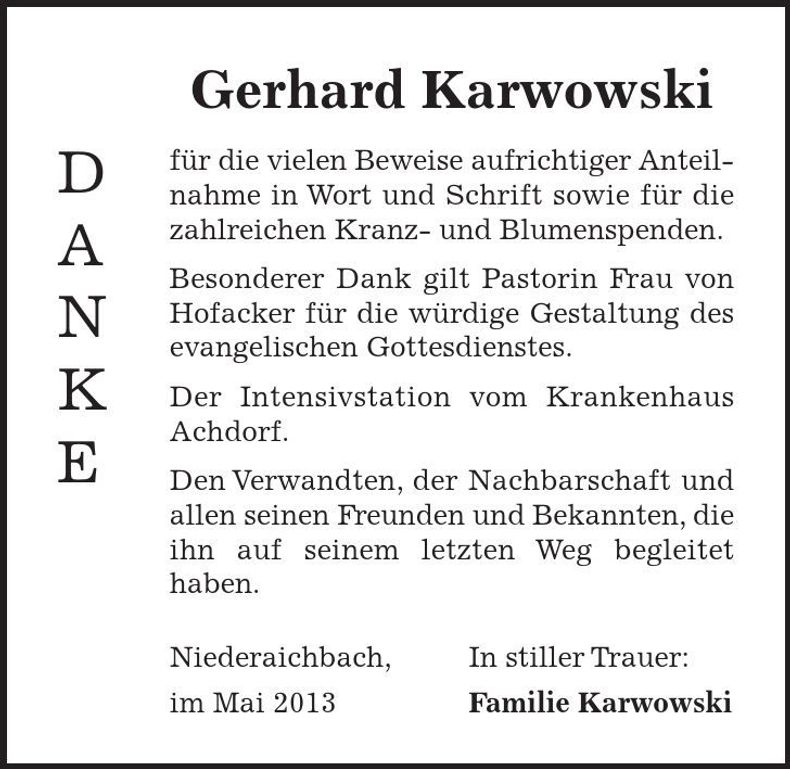 Traueranzeige Gerhard Karwowski